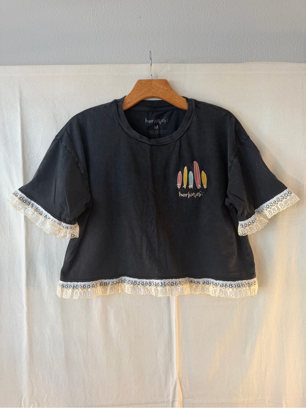 Black Cropped Tee with Surfboard Embroidery and Lace Trim Upcycled